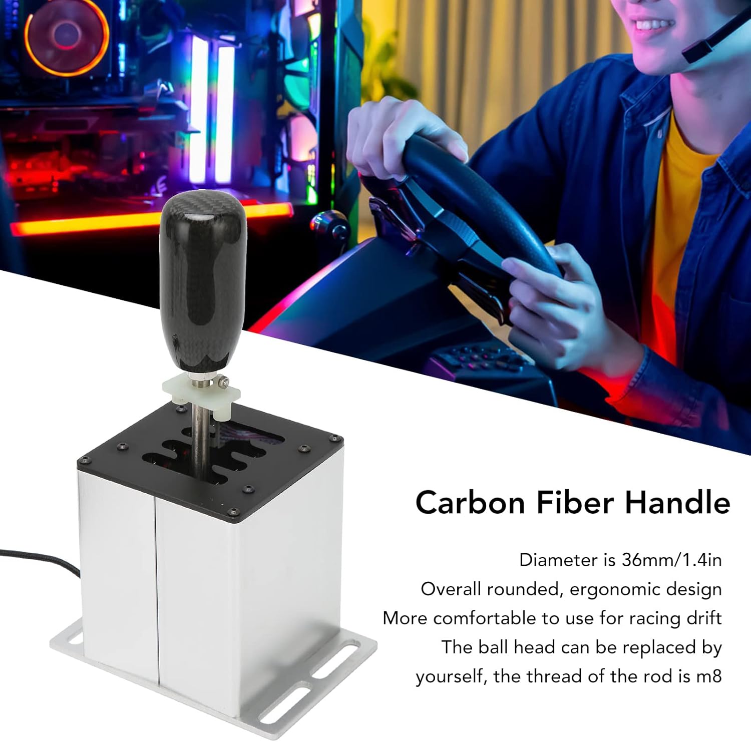 Simulator Shifter for ATS ETS Dust WRC Sim Racing Games, 7 Plus R Racing Game H Shifter with Carbon Fiber Grip, USB Shifter for Logitech G29 G27 G25 G920 T300RS GT