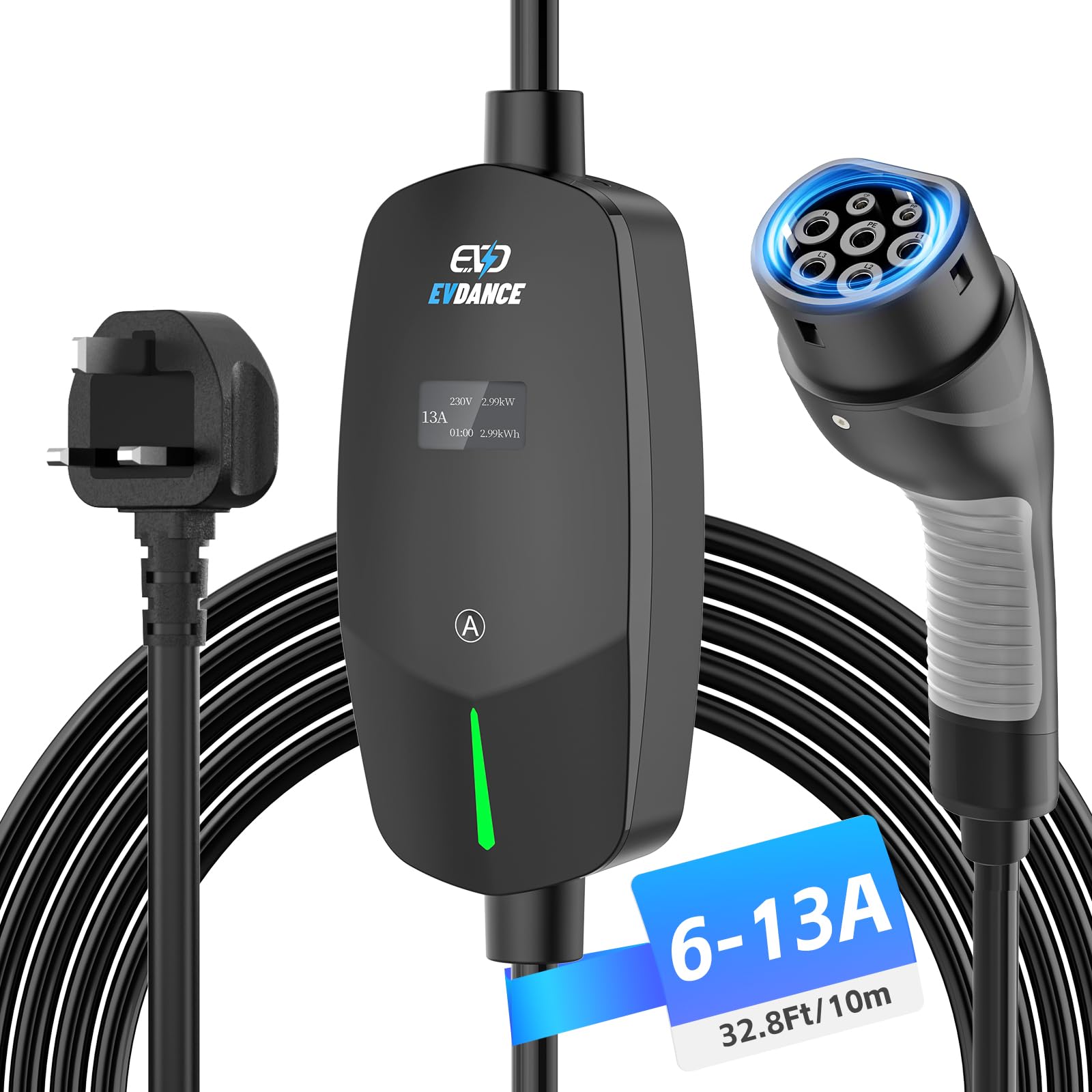 EVDANCE EV Charger Type 2 UK 3 Pin 20ft/6.1m [6/8/10/13A] Portable Electric Car Charger, Adjustable Current EV Charger with IP66, Type 2 Charging Cable for EV & PHEV, Black