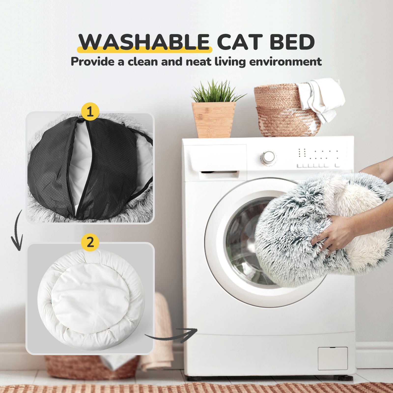 CATISM Cat Bed Cat Beds for Indoor Cats Large Cat Cave Dog Bed Washable Non-Slip Cat Igloo Pod Windproof Fluffy Cat Nesting Bed for Cat and Pets(Grey,