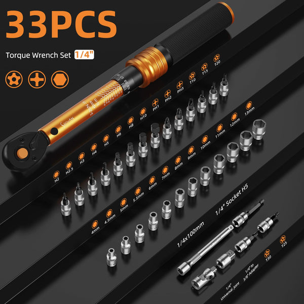 13PCS Bike Torque Wrench Set 3-25 Nm, Small Torque Wrench 1/4 Drive, Dual-Direction Adjustable 72 Teeth, ±3% Accuracy, with Extension Bar, Socket Bits (Hex & Torx), for Mountain Bike, Bicycle Repair