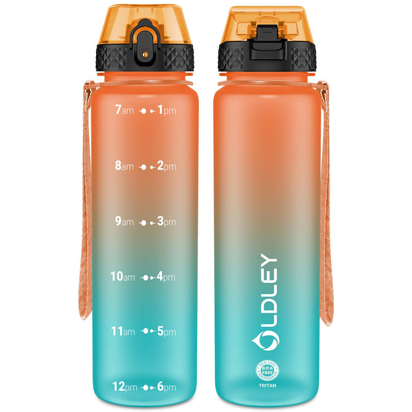OLDLEY 1L/32oz Sports Water Bottle, 1000ml Motivational Drinks Bottle with Time Markings Leak Proof Drink & Lock Cover & No Straw, BPA Free for Adults Women Men Gym School Cycling Running Hiking