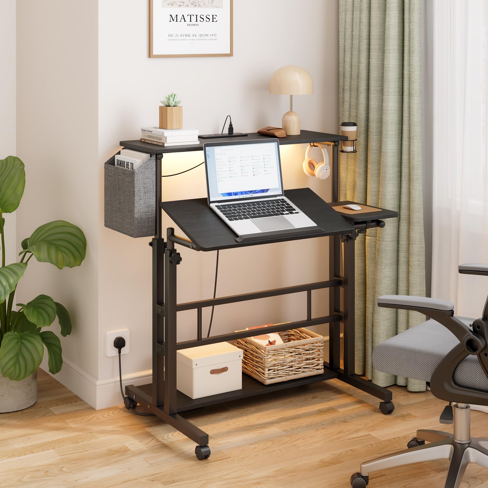 Dripex Mobile Standing Desk with Power Outlets & Strip Lights, Height Adjustable Desk With Cup Holder, Hook, Storage Bag, Rolling Sit-Stand Computer