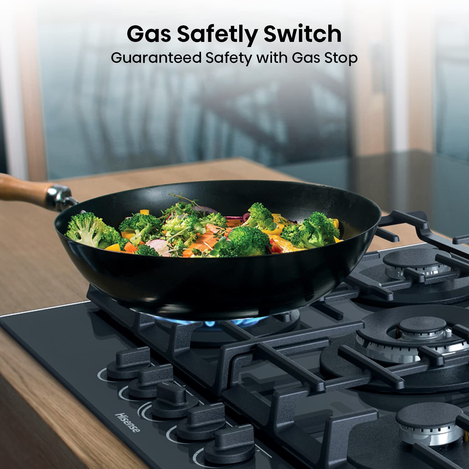 Hisense GM773XF 75cm 5 Burners Built-in Gas Hob with Easy Clean Surface, Wok Burner - Stainless steel