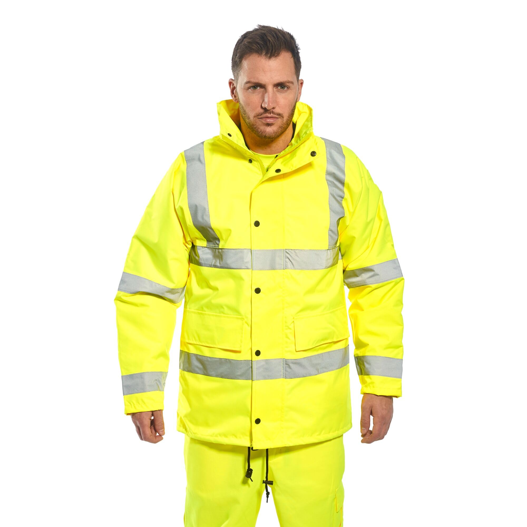 Portwest S460 Men's Winter Traffic Jacket Hi Vis Hooded Work Coat Reflective Fully Lined Zip Safety Utility Waterproof Reflective Workwear