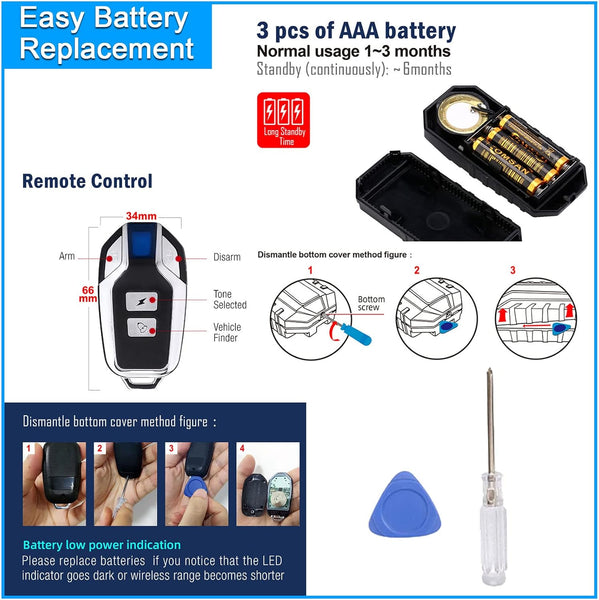 Wireless Bicycle Alarm, Anti-Theft Vibration Motorcycle Bicycle Alarms Waterproof Vehicle Security Alarm System Volume & Sensitivity Adjustable for Car Scooter Door Window (1 Alarm & 2 Remote)