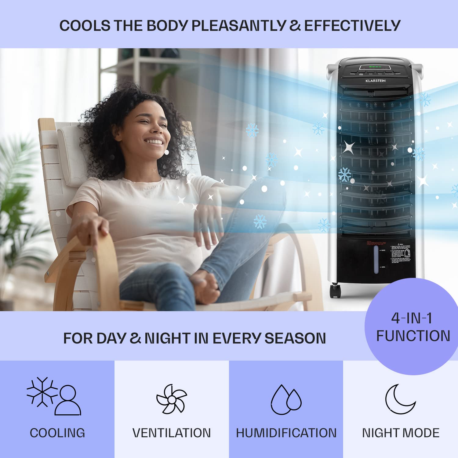 Klarstein 65W Portable Air Cooler, 4-In-1 Evaporative Air Coolers for Home, Silent with Night Mode, Humidifier, Ventilator, Small Water Cooler, 6 L Ice Fan Portable Cooler, 444m³/h Air Flow, White