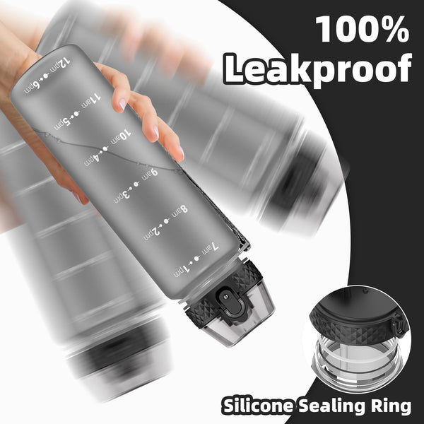 OLDLEY 1L/32oz Sports Water Bottle, 1000ml Motivational Drinks Bottle with Time Markings Leak Proof Drink & Lock Cover & No Straw, BPA Free for Adults Women Men Gym School Cycling Running Hiking