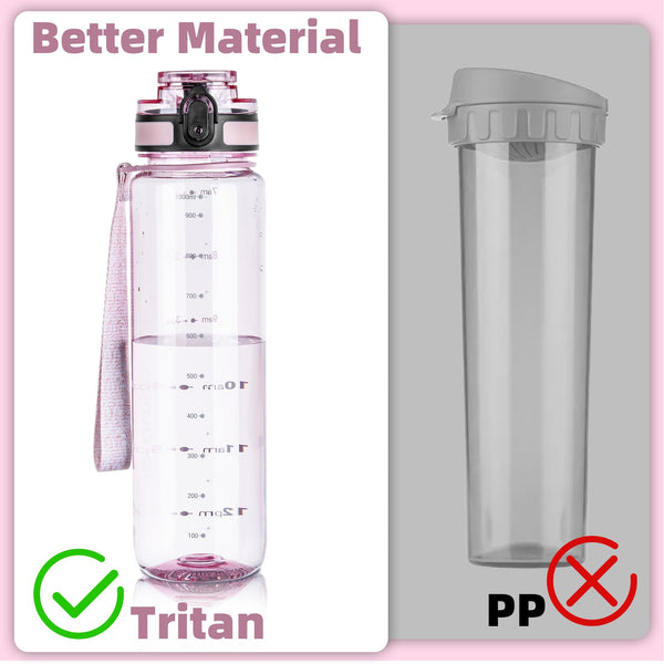OLDLEY 1L/32oz Sports Water Bottle, 1000ml Motivational Drinks Bottle with Time Markings Leak Proof Drink & Lock Cover & No Straw, BPA Free for Adults Women Men Gym School Cycling Running Hiking