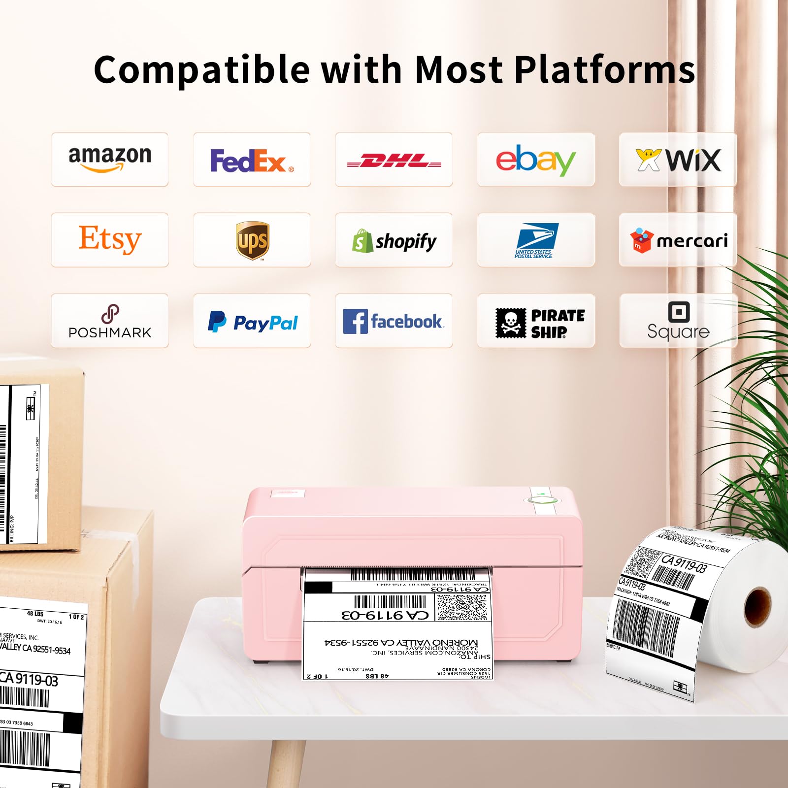 JADENS Bluetooth Thermal Label Printer, 4x6 Shipping Label Printer for Shipping Packages 203DPI, 1.57"-4.1" Printing Size Compatible with Hermes, Royal Mail, Amazon, Shopify