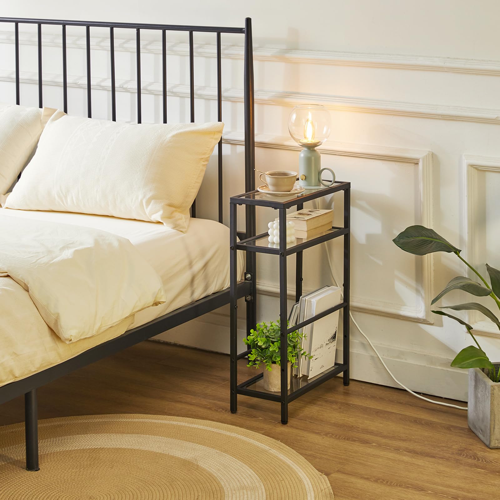 IBUYKE Narrow Side Table with Storage Shelf, 3 Tier Slim End Table,Modern Sofa Table, Small Nightstand, Telephone Table for Small Spaces,for Living