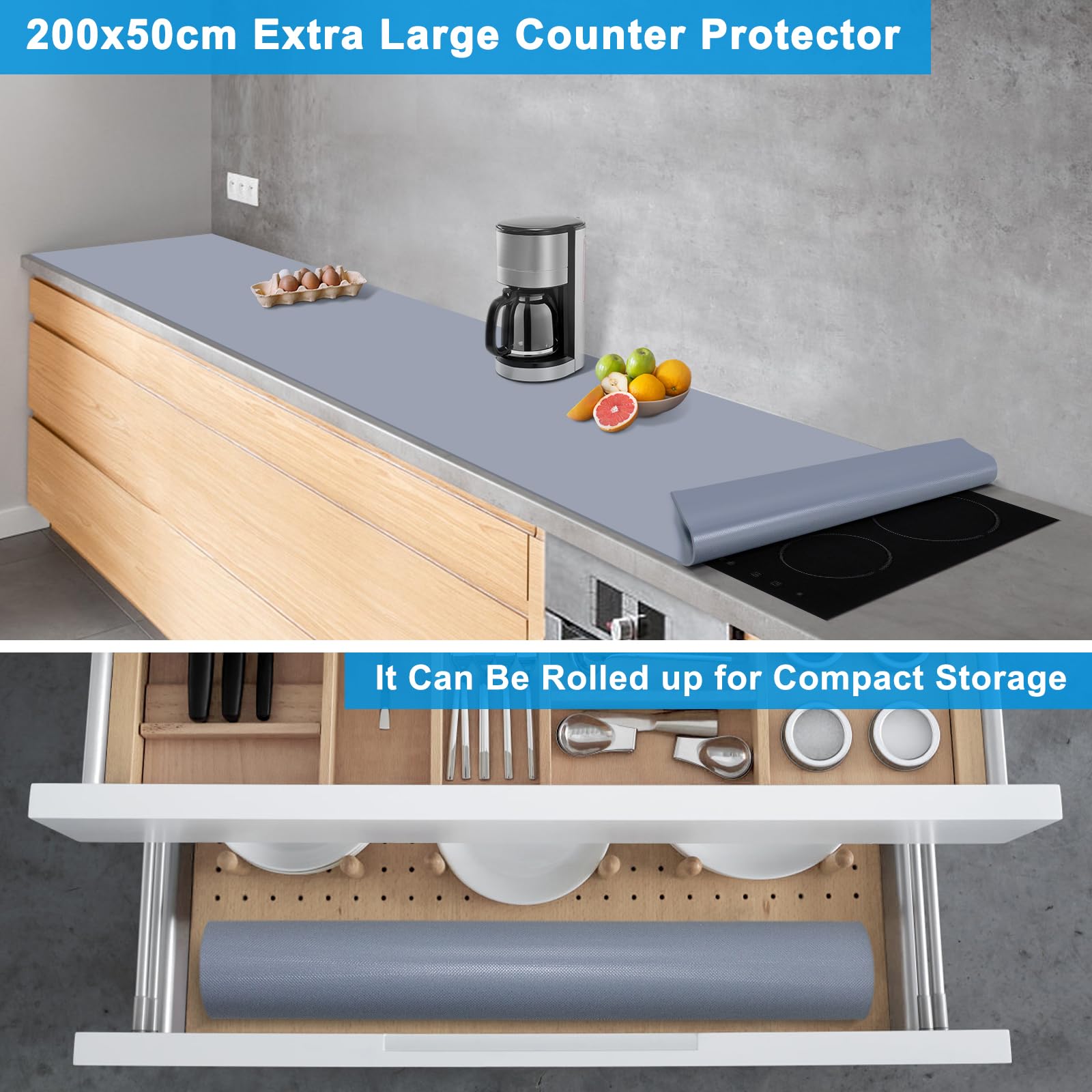 AECHY Silicone Mats for Worktops 200x50x0.2cm, Heat Resistant Mat Waterproof Kitchen Worktop Protector, Extra Large Silicone mat, Nonstick Craft Mat