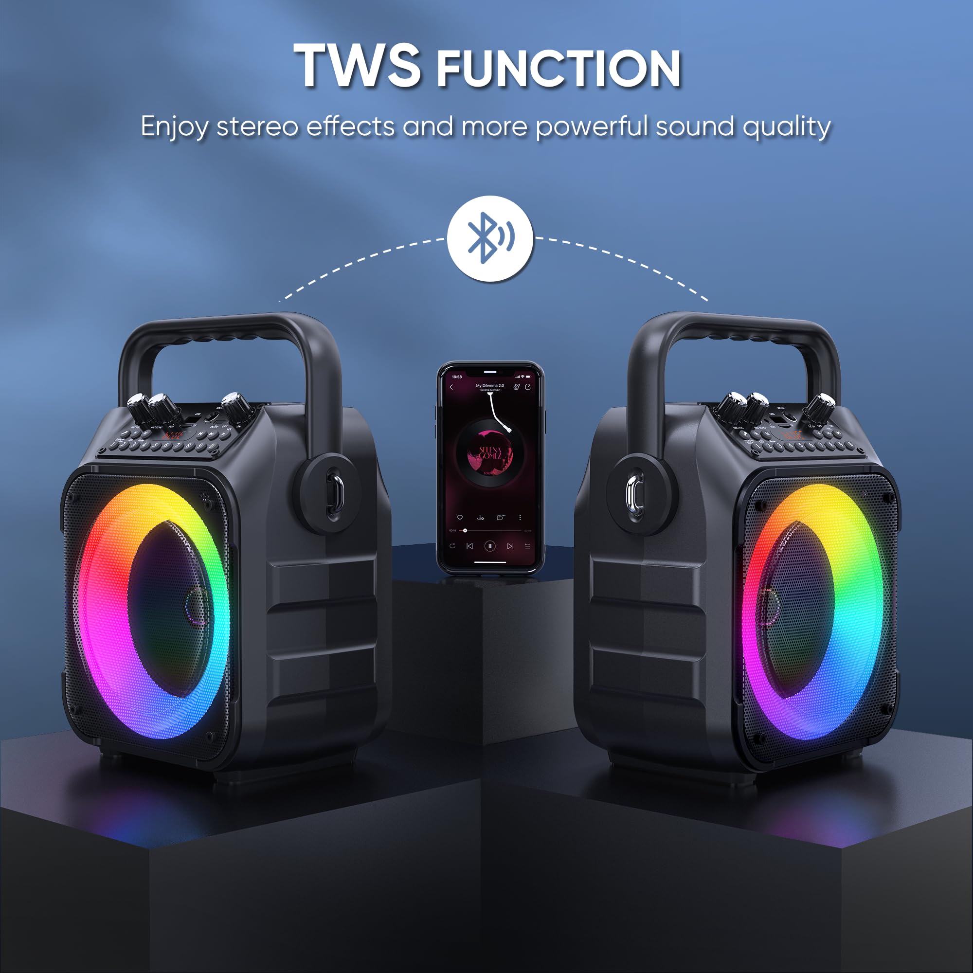 Karaoke Machine with Two Wireless Microphones, Portable Karaoke Machine for Adults & Kids, Portable Bluetooth Speaker with PA System, LED Lights, Supports TF Card/USB, AUX in, FM, USB,TWS (Black)