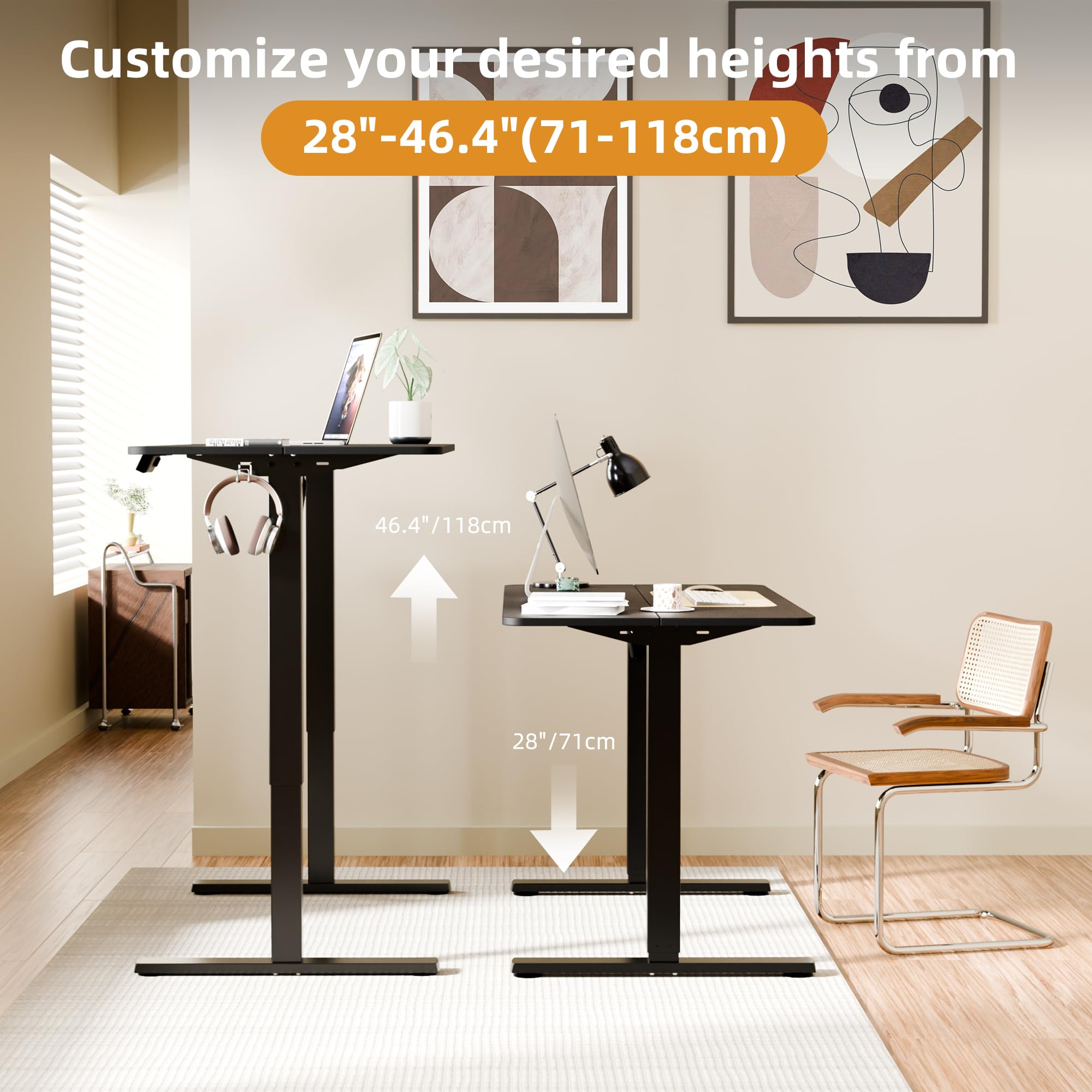 ERGOMAKER Electric Height Adjustable Standing Desk 80x60cm (31.5"x23.6"), Sit Stand Desk with Splicing Top for Home Office (Black Frame + Black Desktop)
