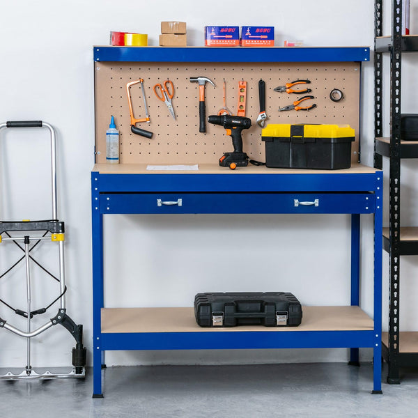 SwitZer New Red Steel Garage Tool Box Toolbox Work Bench Workbench Storage With Drawers Pegboard and 20 Pegs Shelf DIY Workshop Station