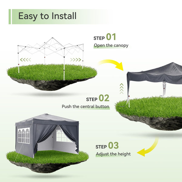 Aoxun 3m x 3m Pop Up Gazebo, Metal Frame Shelter Tent for Outdoor Garden Party, with 4 Sandbags & Carry Bag, Adjustable Height, Grey