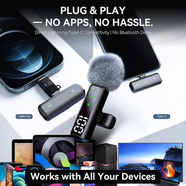 Wireless Lavalier Microphone with LED Display, Lavalier Microphones Clip on Mic With Noise Reduction, for Video Recording, Tiktok, Youtube, Vlog Podcast Content Creator, for Android and iPhone,（Black）