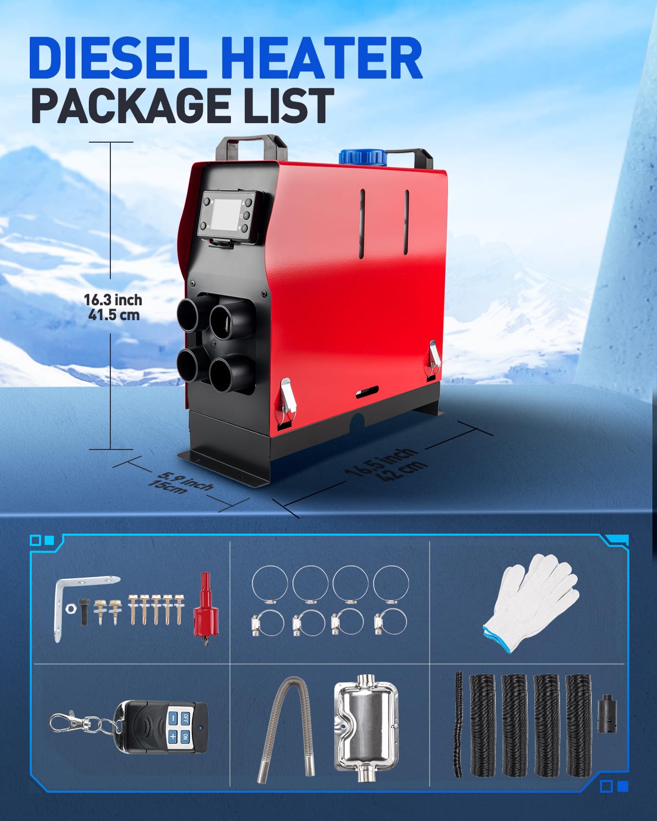 ShockFlo 12V 5KW Diesel Air Heater, All in One Parking Heater Kit with Remote Control, Silencer and LCD Display, Fast Heating, for RV Truck, Motorhomes, Boat, Bus, Car Trailer, Caravans