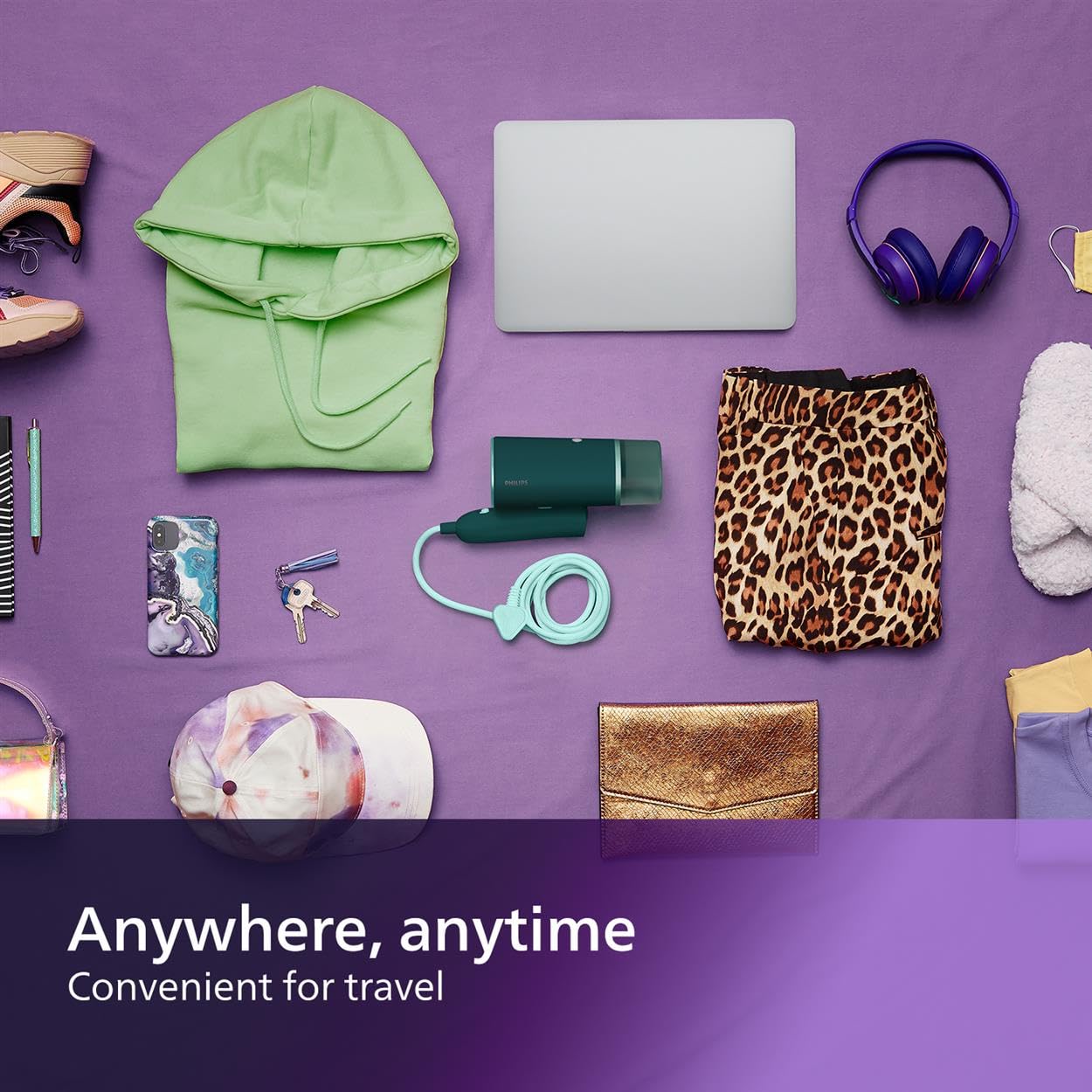 Philips 3000 Series Handheld Steamer, 1000W, 20 g/min Steam, Kills Germs, Detachable 100ml Water Tank, Compact + Foldable, Plastic Plate, Blue (STH3000/26)