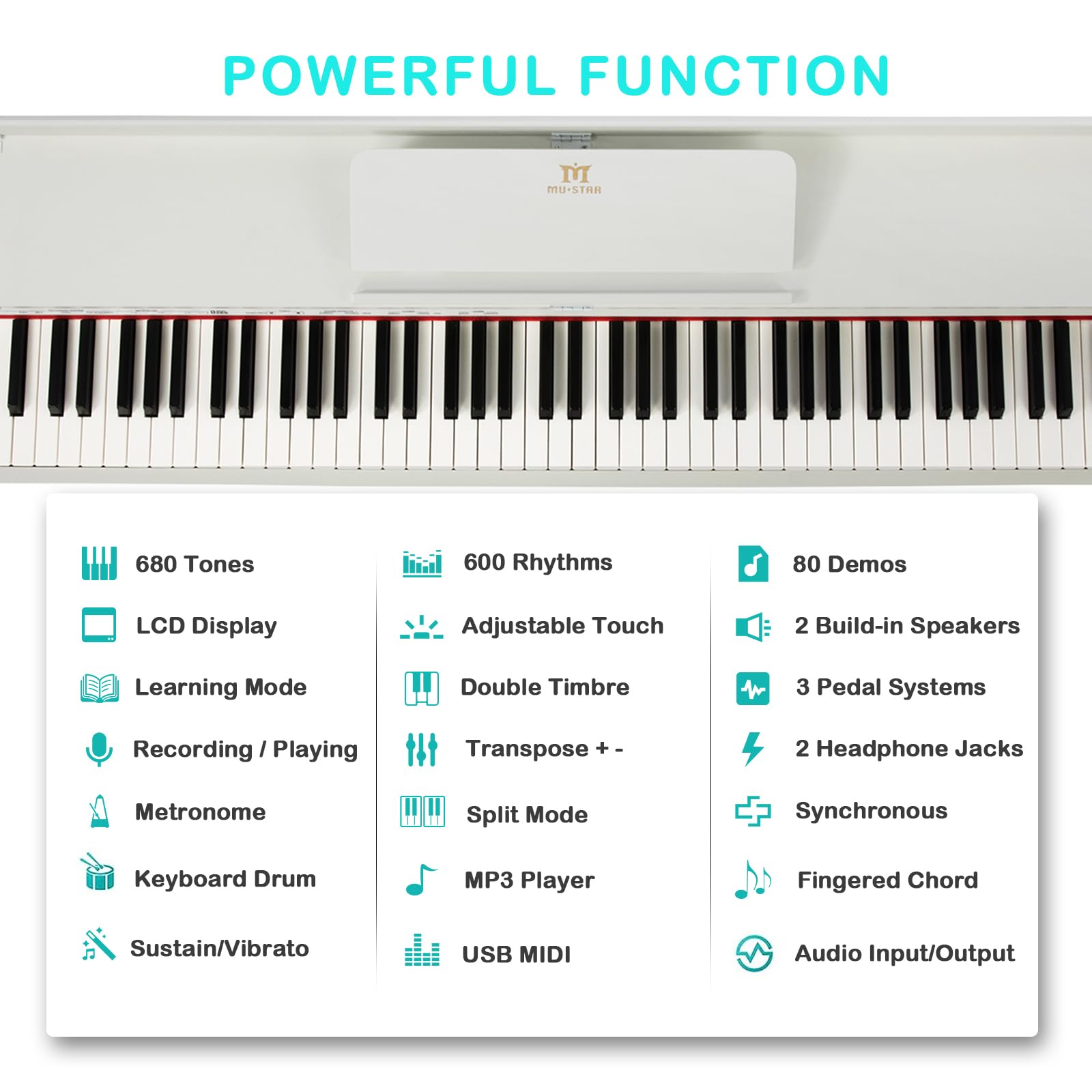 MUSTAR Digital Piano 88 Weighted Keys, Full Size 88 Key Piano Keyboard Semi Weighted, Home Electric Piano with Furniture Stand and Triple Pedal, Music Stand, USB MIDI, White