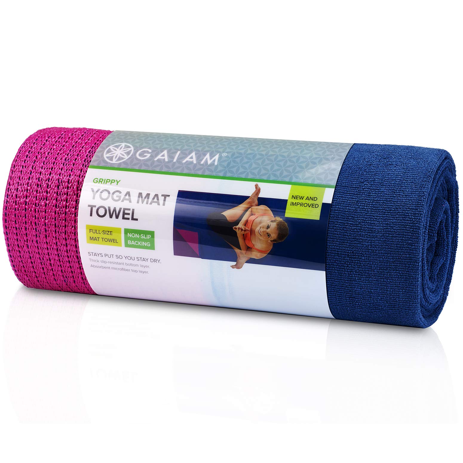 Gaiam Grippy Non Slip Yoga Mat Towel - Fast Drying Towel - Ideal for Hot Yoga - Microfiber and Machine Washable - Grip Backing - Vivid Blue/Fuchsia -
