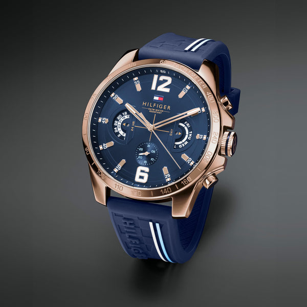 Tommy Hilfiger Analogue Multifunction Quartz Watch for Men with Silicone, Stainless Steel or Leather Bracelet, Day & Date Sub-Dials, 5ATM Water Resistant