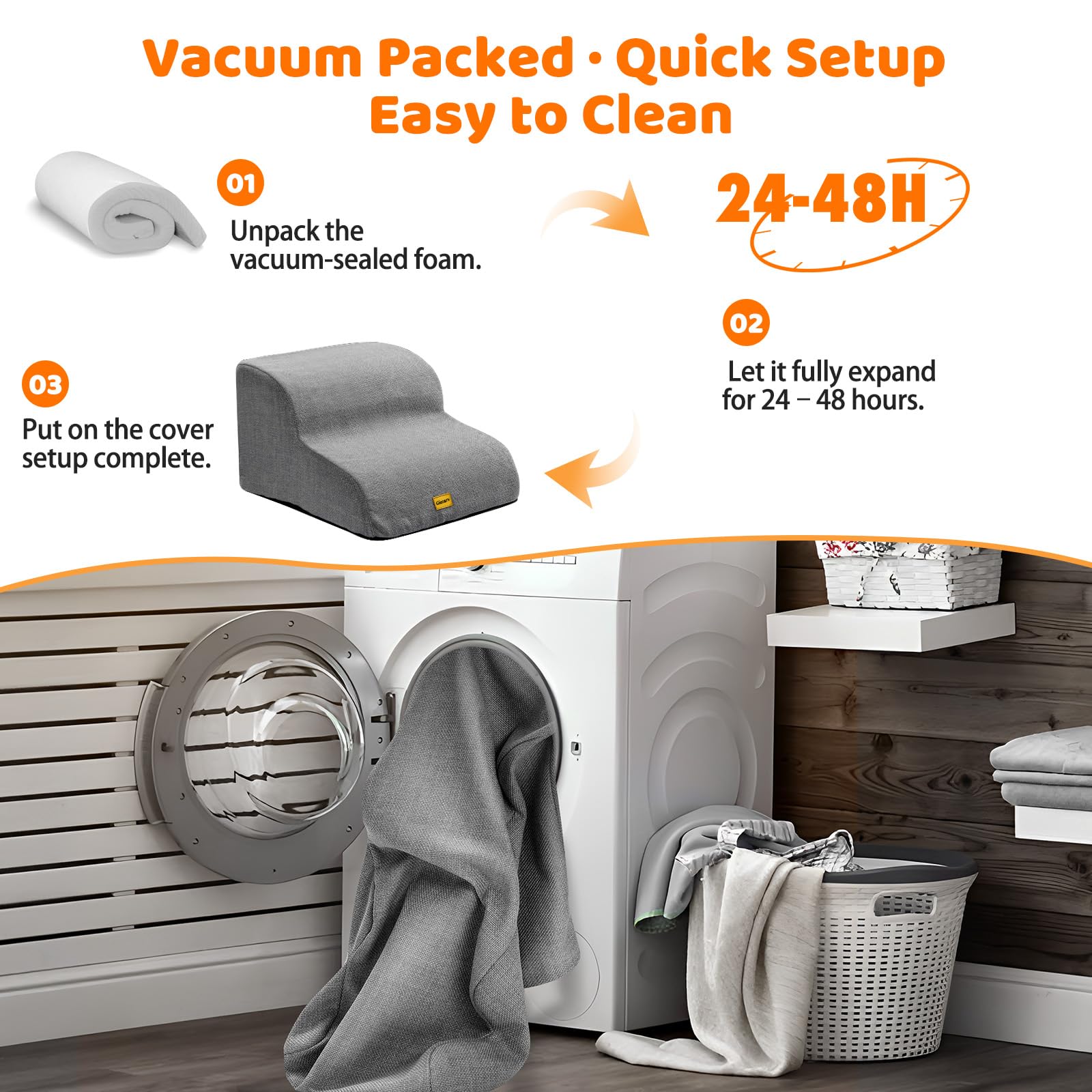 Gimars 30D High-Density Foam & Extra-Wide, Stable 3-Step Dog Stairs, 40cm High Pet Stairs with Washable Cover & Non-Slip Base, Portable Ramp for Small Dogs to Sofa, Bed, Couch, Car