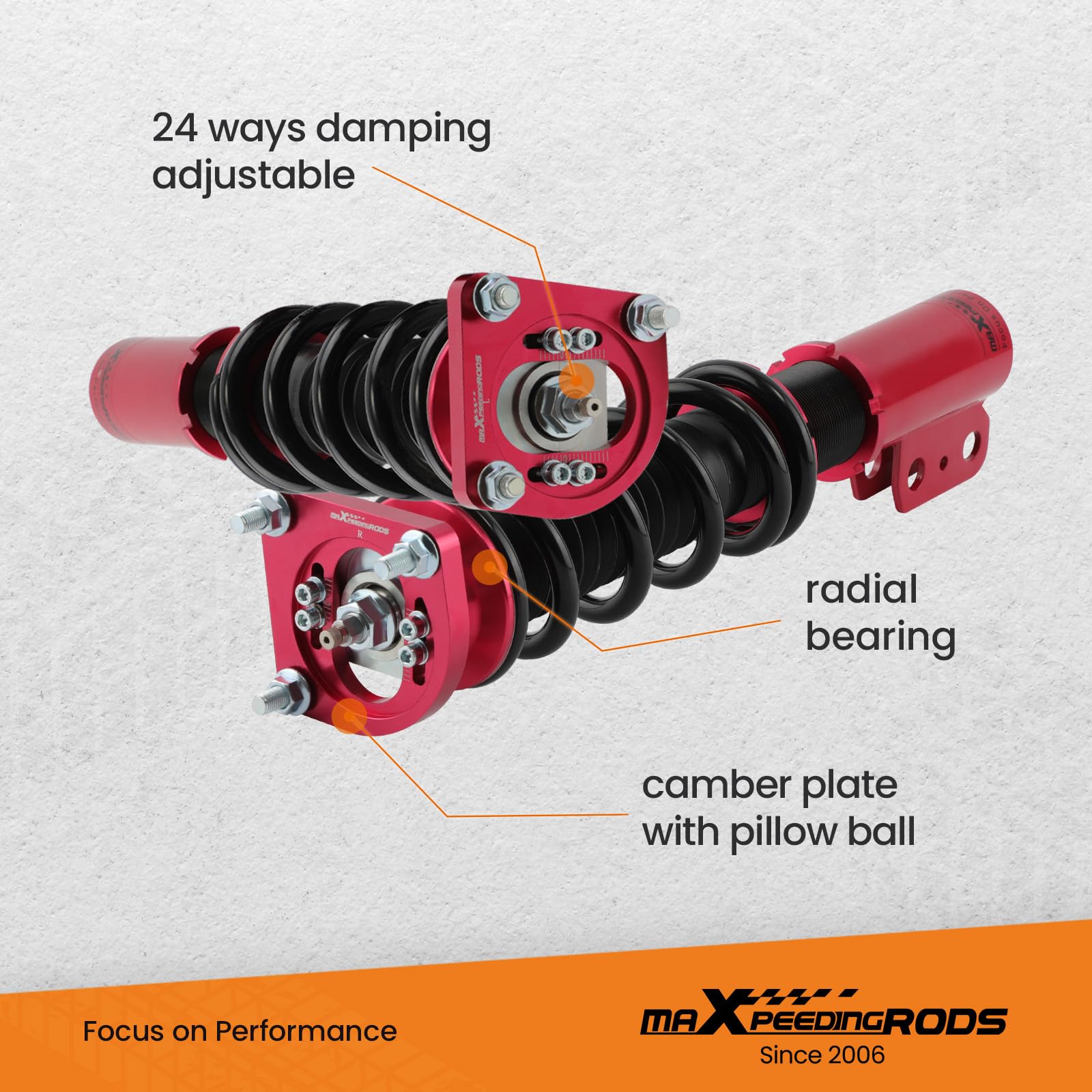 maXpeedingrods Coilovers for Ford Mustang Base/GT SN95 1994-2004, 24 Levels Damper Adjustable Coilovers Suspension Kit, Shock Absorber Struts, Height Adjustable Lowering Kit, Red