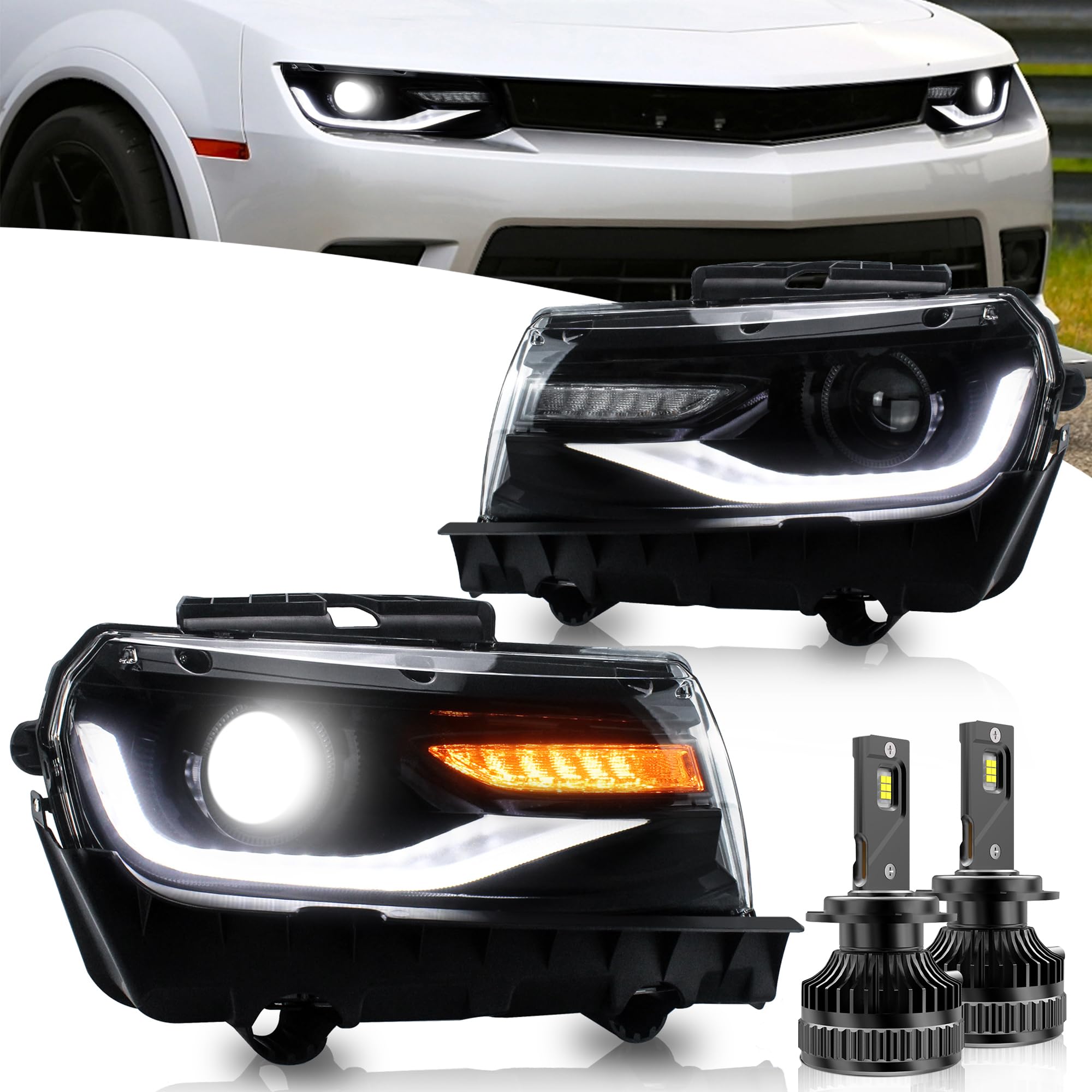 VLAND Motor Headlights compatible with 5th Gen Camaro LS, LT, SS, ZL1, Z/28 2014 2015, w/Sequential Turn signal, Driver & Passenger Side, not include bulbs