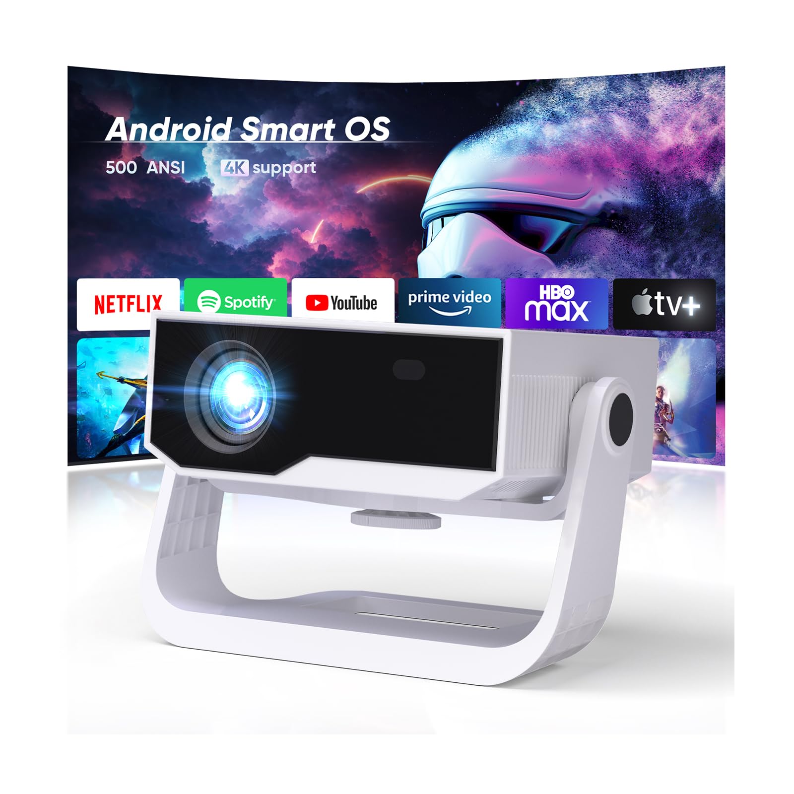 Wielio Smart Projector Built-in Apps, 500ANSI Native 1080P 4K Supported, WiFi 6 & Bluetooth 5.2, Low Fan Noise (<29.8dB), 120° Adjustable Stand, Auto Keystone, Projector for iOS/Android/PS5