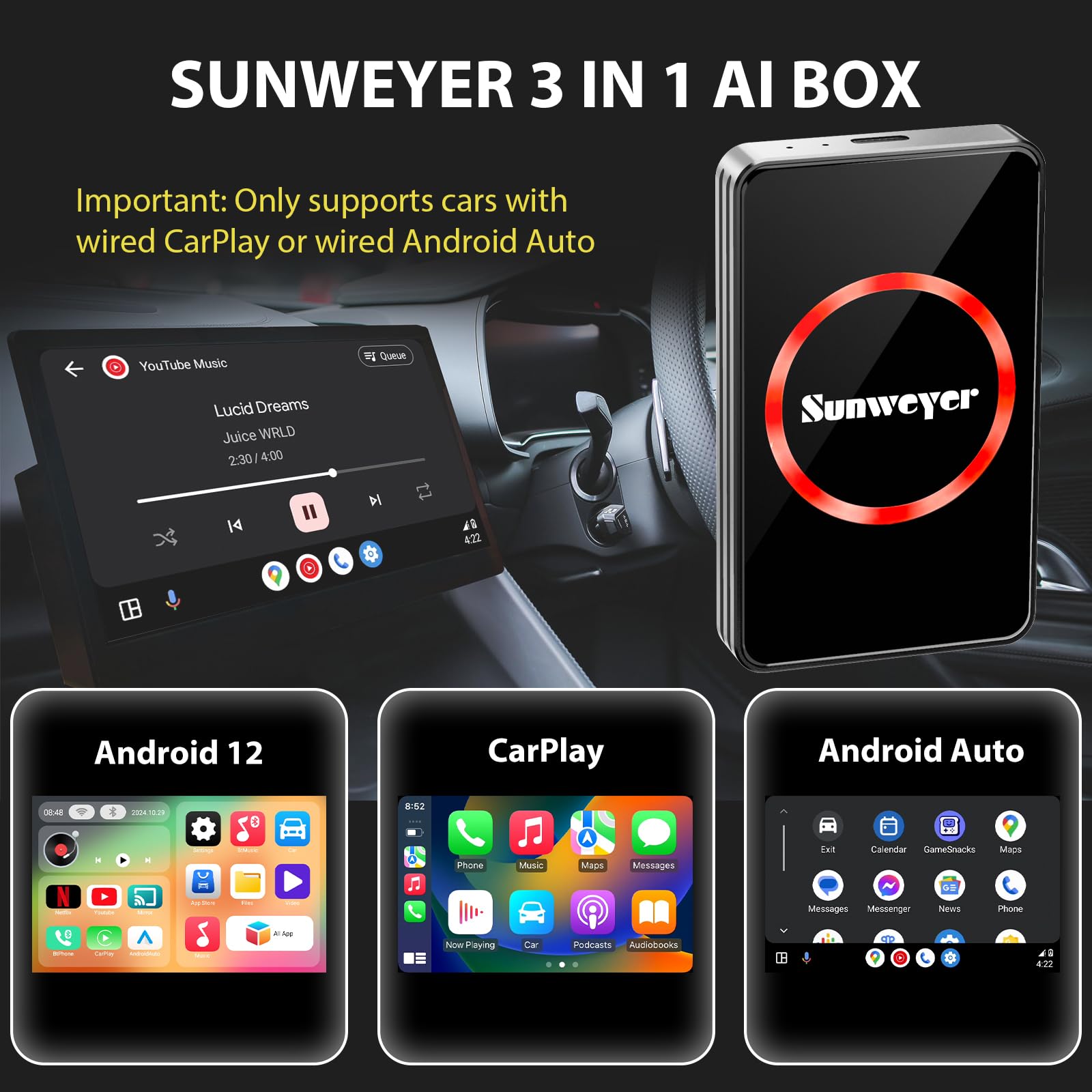 Sunweyer Wireless CarPlay Adapter Car Streaming Device Ai Box Support Netflix, YouTube, Hulu, Disney+, Android Auto Wireless Adapter with LED Ambient Light, Easy to Setup 3 in 1, Dual WiFi Bluetooth