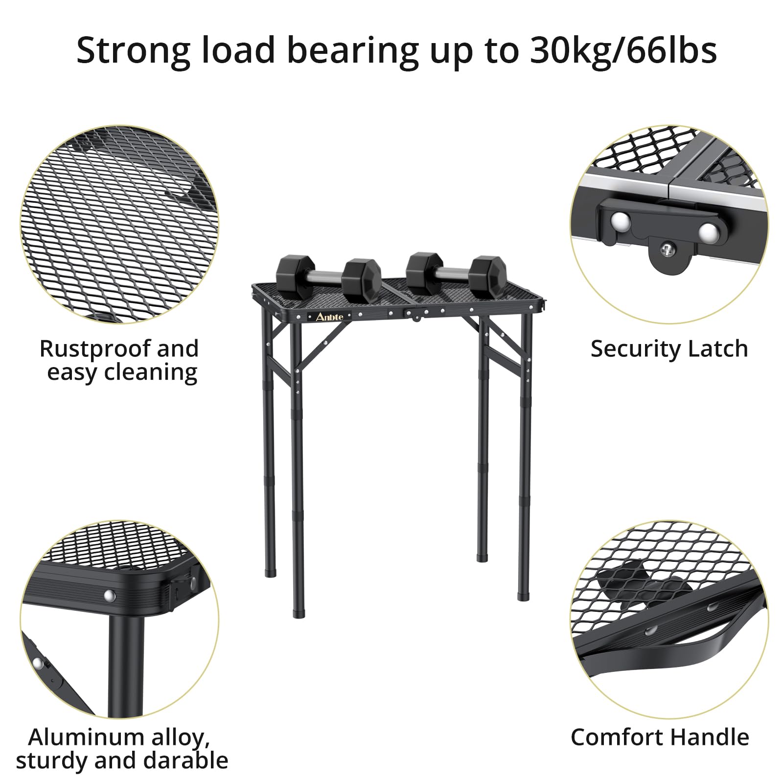 Anbte Folding Grill Table, 3 Adjustable Heights Aluminum Camping Table with Heat-Resistant Mesh Desktop, Lightweight outdoor Table, Portable Handle