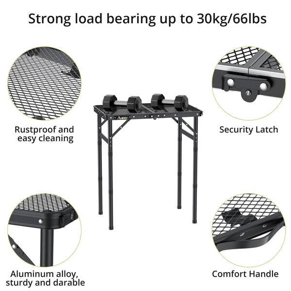 Anbte Folding Grill Table, 3 Adjustable Heights Aluminum Camping Table with Heat-Resistant Mesh Desktop, Lightweight outdoor Table, Portable Handle