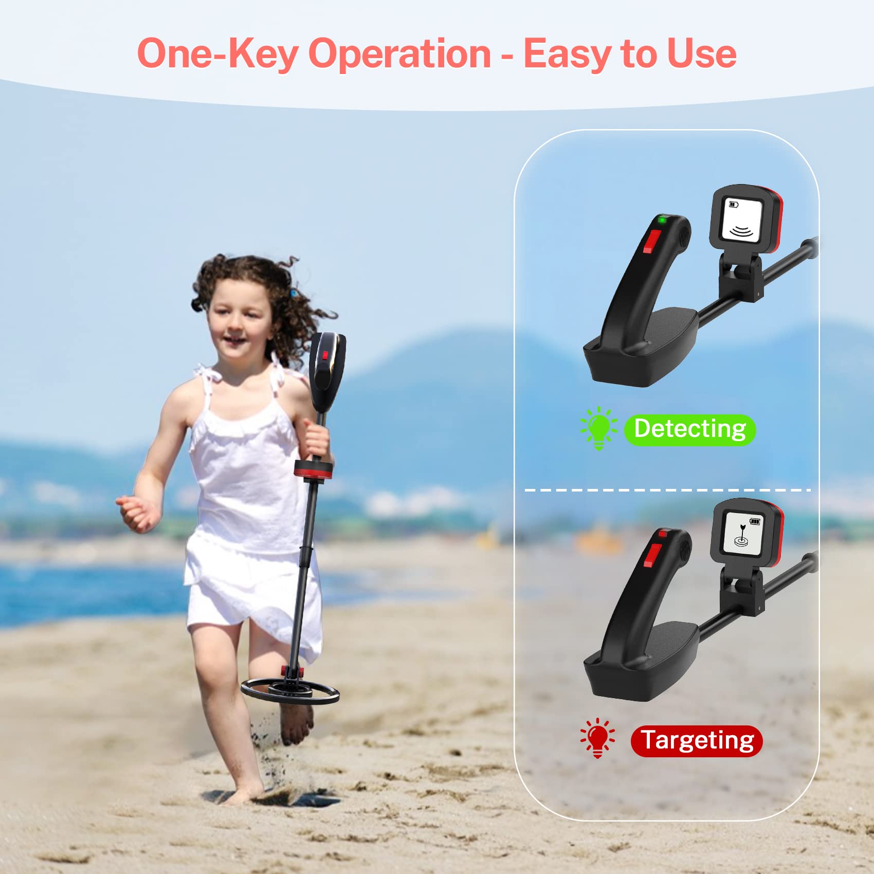DR.ÖTEK Metal Detector for Kids, Waterproof with LCD Display and Buzzer, 60-76 cm Adjustable Stem, High Sensitivity, Lightweight Gold Detector, Ages 3-10