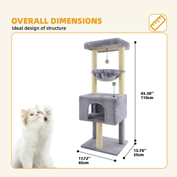 ROYPET 110cm Cat Tree Tower with Sisal Scratching Posts for Indoor Cats,Cat Tower with Hammock and Hanging Ball Toy,Pet Furniture Activity Centre with
