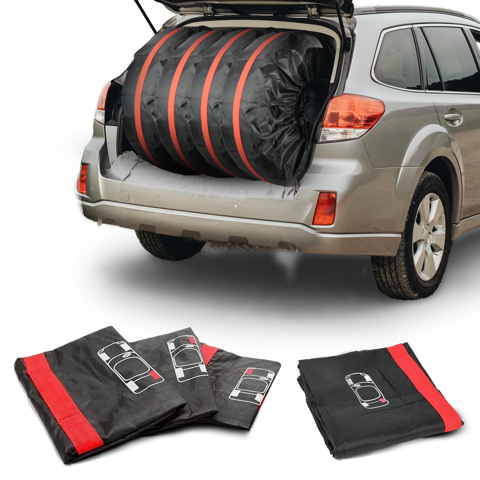 Car Spare Tire Covers 4 Pack, 13-18 IN Tyre Bag Set, Diameter 66cm Wheel Protection Cover, Tyre Bags with Handle, Waterproof Dustproof Auto Spare Tires Storage Bags for Car UV SUV Truck Black S