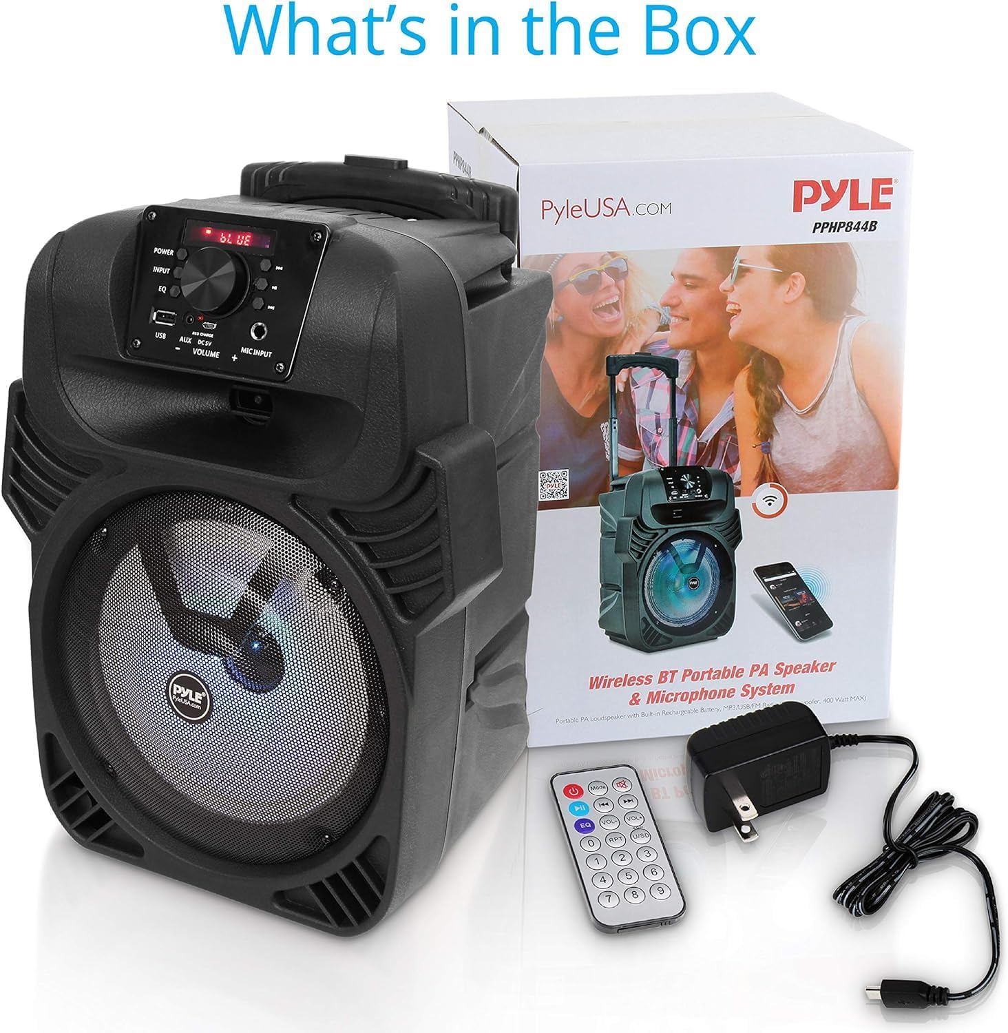 Pyle, Portable Dj Speaker System 400W, Bluetooth Pa Loudspeaker - 8” Subwoofer, USB/MP3/FM Radio/Mic Inputs, LED Lights, Rechargeable Battery w/Remote Control