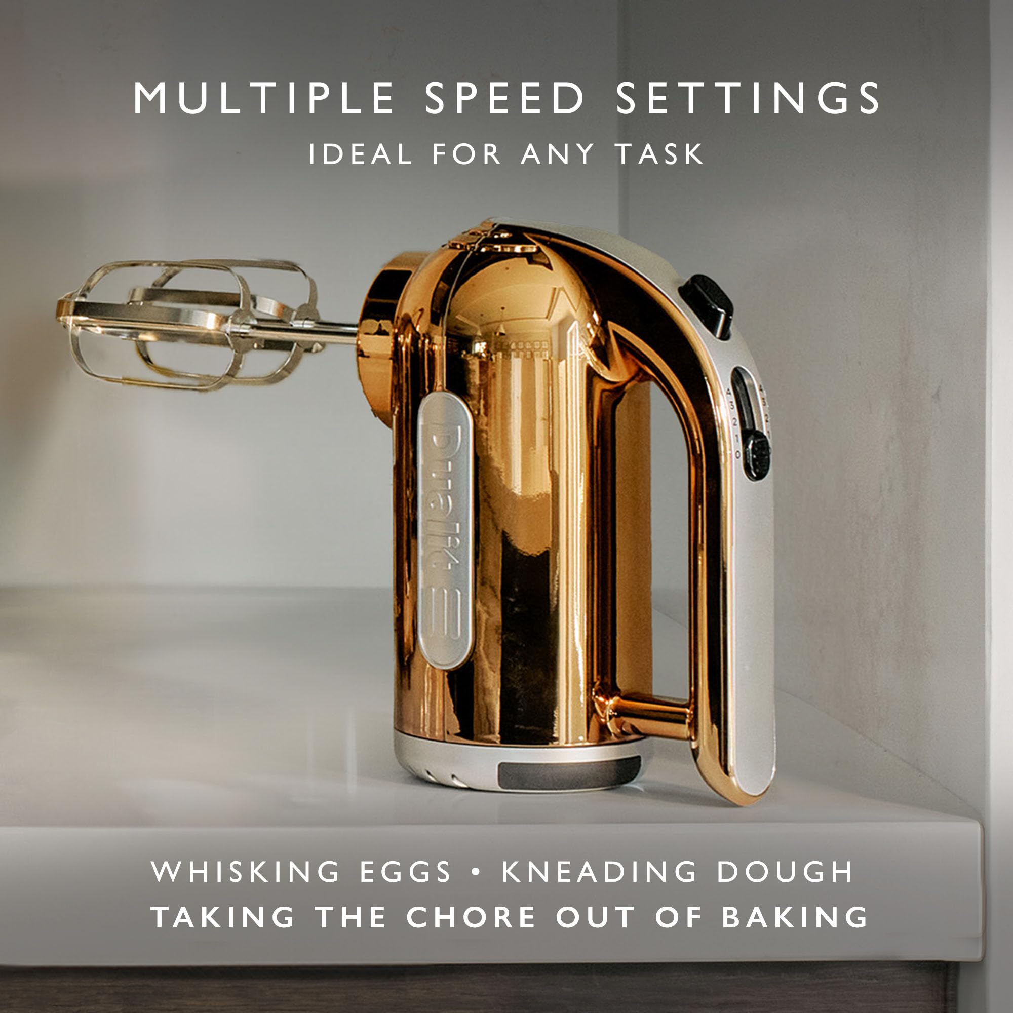 Dualit Hand Mixer Copper - 400W - Strong Grip Handle - Attachments Included - Integral Plug Storage - 4 Speed Settings - Repairable gears - Flat