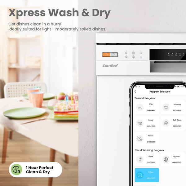 COMFEE' Freestanding Dishwasher CDWEF1034BW-UK 45cm Width, Slimline Dishwasher with 10 place settings, Quick Wash, Hygiene Wash, Delay Start, Half Load, Adjustable Basket - White