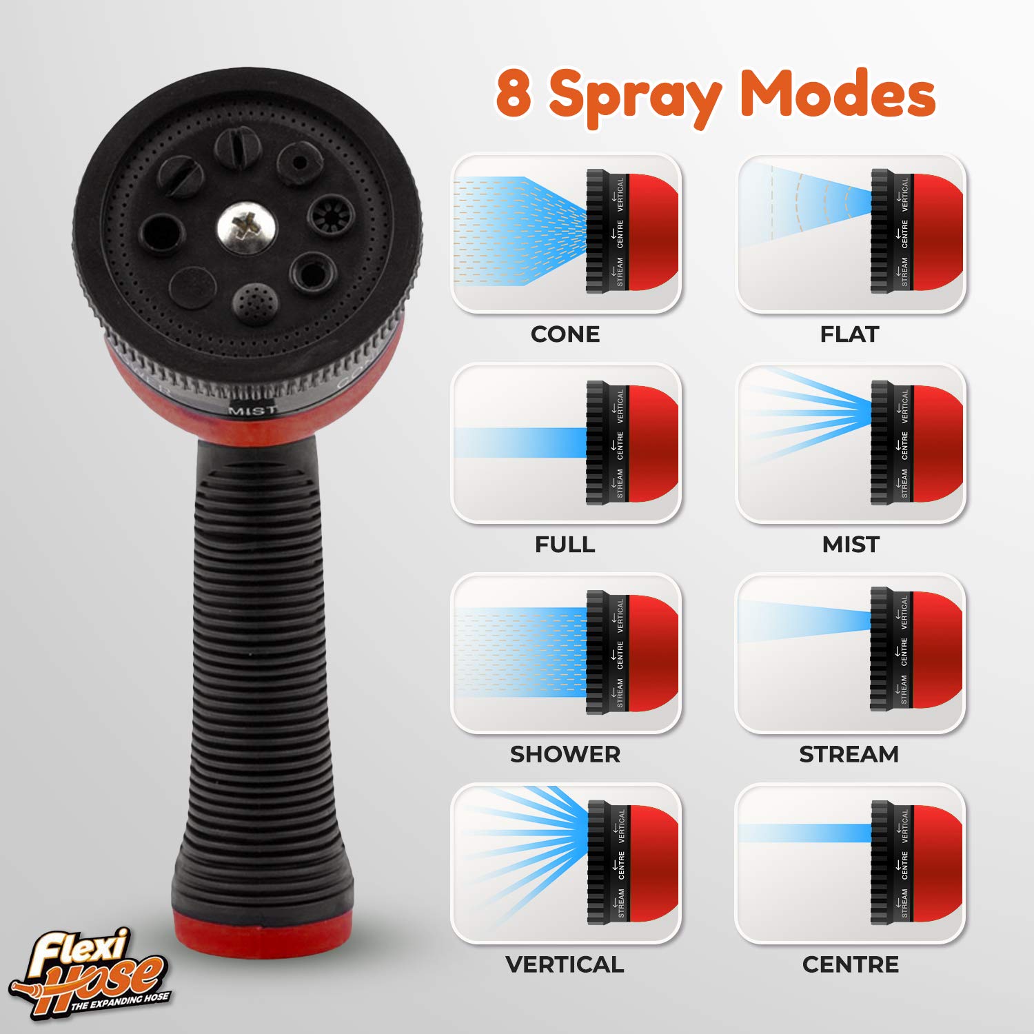 Flexi Hose Upgraded Expandable Garden Hose Pipe Including 8 Function Spray Gun Nozzle - Extra Strength with 2 cm Solid Brass Fittings - No-Kink Flexible Garden Hoses (Orange/Black 15 Metres)