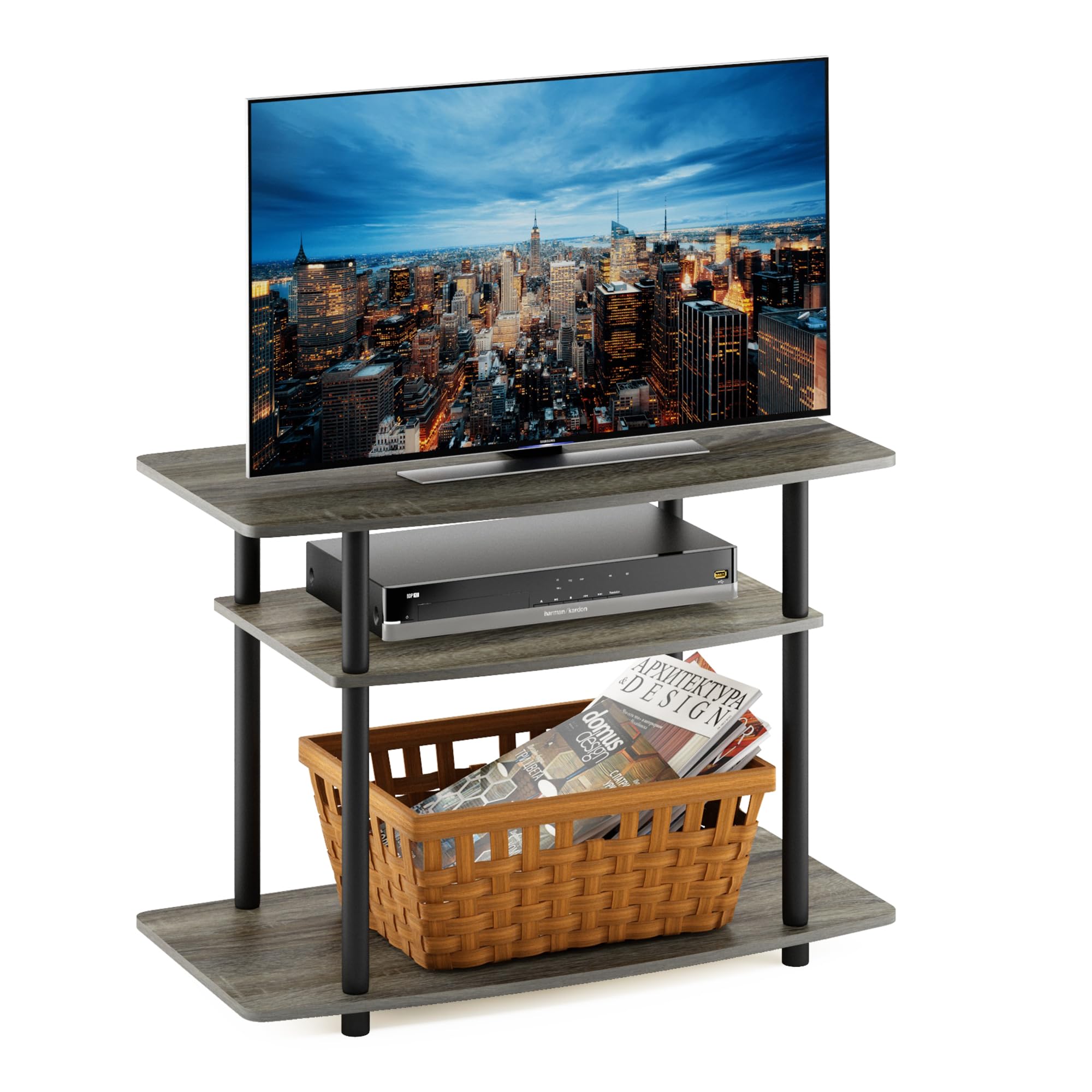 Furinno No Tools 3-Tier Entertainment Center Stand, TV Stands, TV Unit, TV Shelf, French Oak/Black
