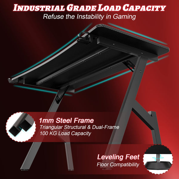 DLONGONE Gaming Desk 120 x 60cm, Computer Gaming Desk, Gaming PC Desk for Home Office, A Shaped Gaming Table with Cup Holder and Headphone Hook,