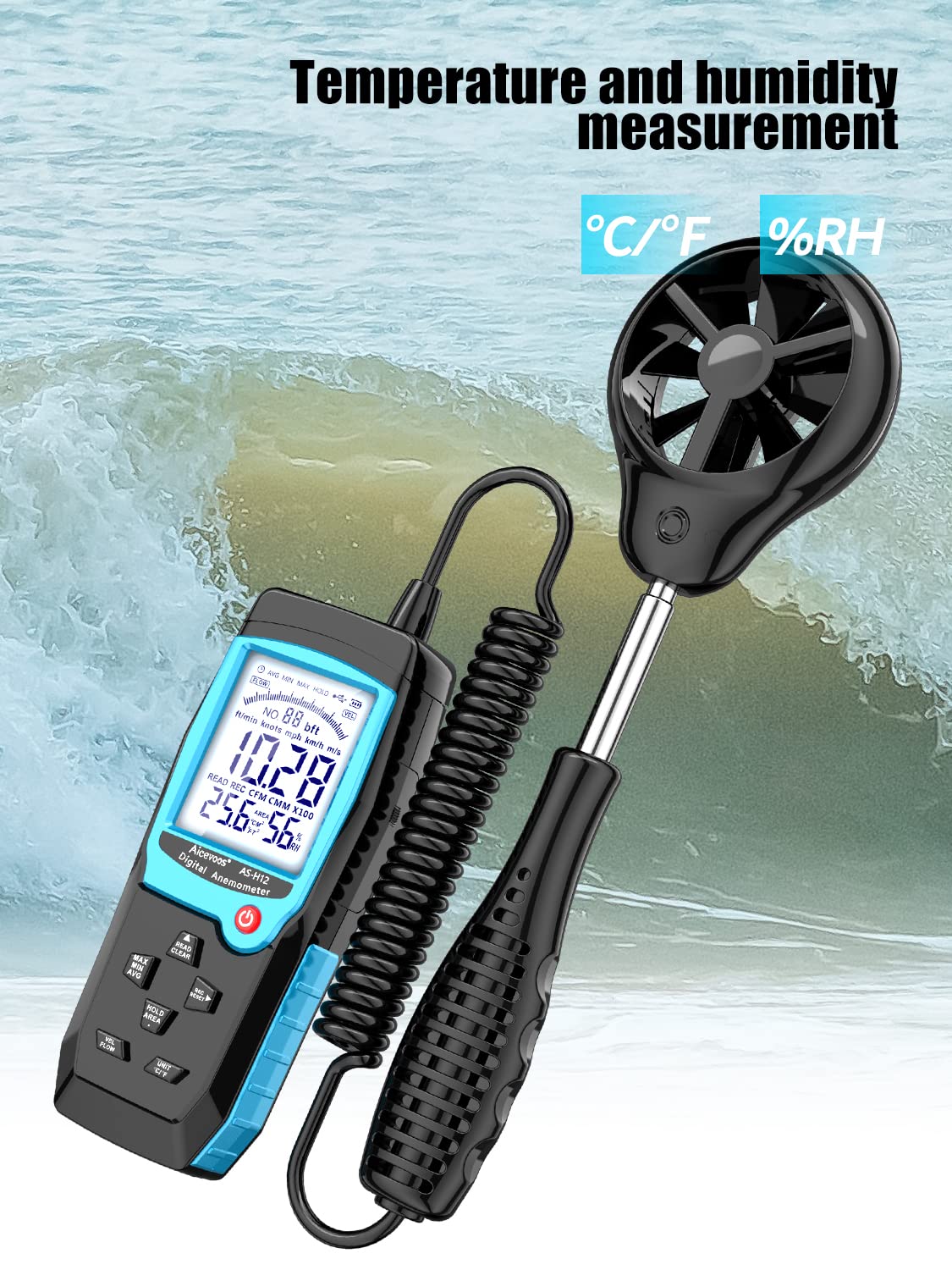 Aicevoos H12 Digital Anemometer Handheld Wind Speed Meter with Extended Wind Sensor, Measures Wind Speed Wind Flow Temperature and Humidity CFM Air
