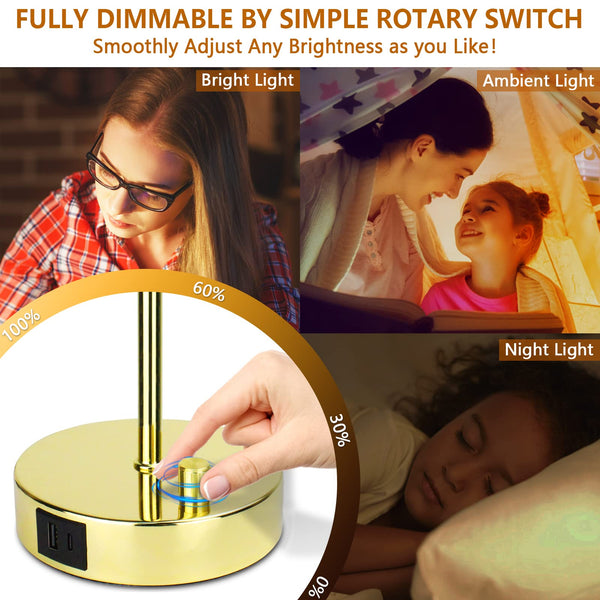 Allesgute Bedside Lamps Set of 2, Fully Dimmable Table Light with USB A + C Charging Ports, Modern Gold Desk Lamp for Bedroom Living Room Office, E27