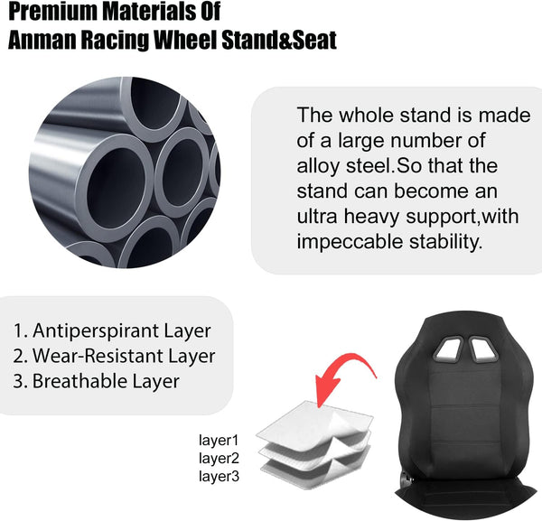 Anman Racing Wheel Cockpit Steering Wheel Stand With Seat Gaming Simulator Cockpit Adjustable Fit For Logitech G25 G27 G29 G920 G923 Thrustmaster T80 T150 NOT Include Wheel Shifter and Pedals