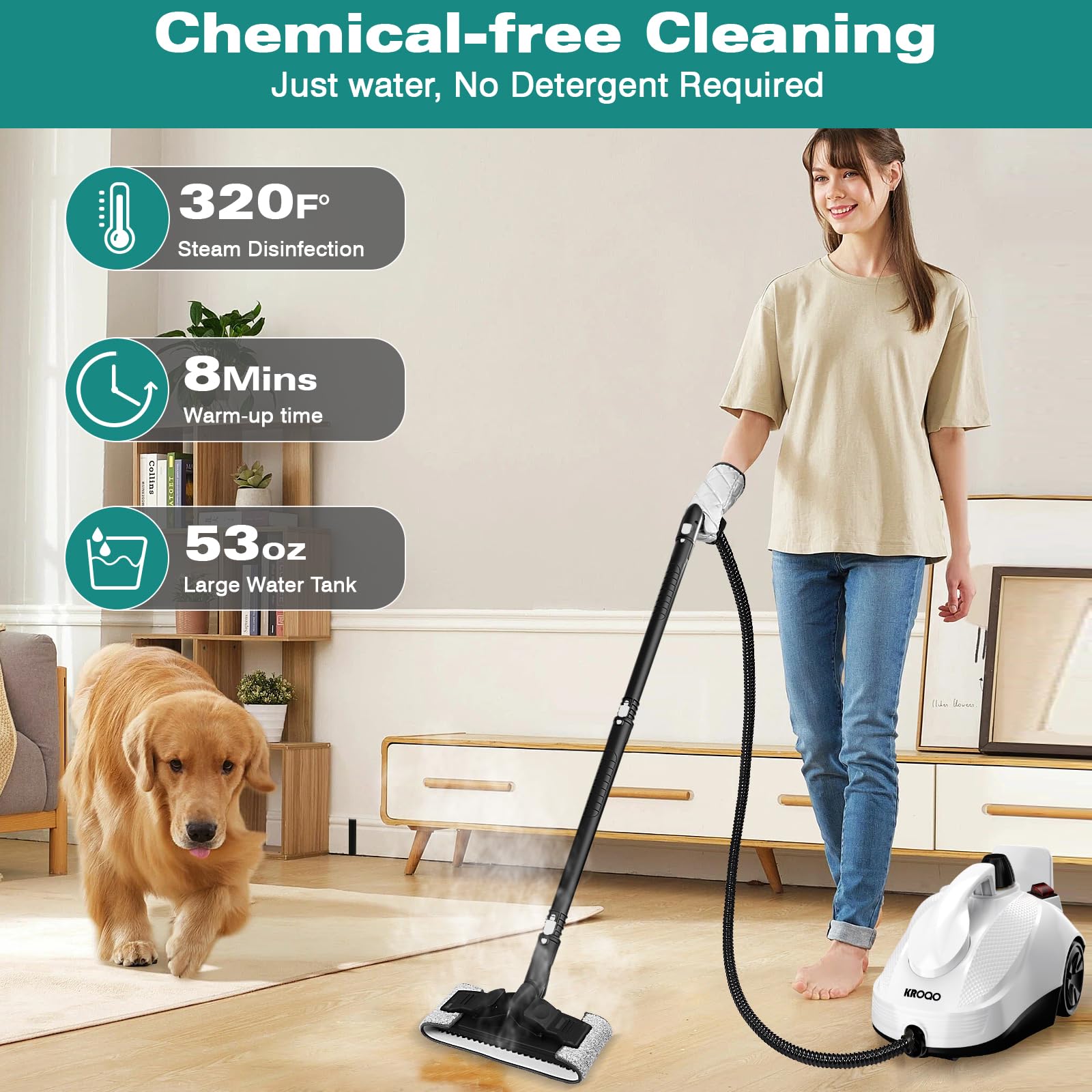 KROQO Steam Cleaner, Steamer with 23 Accessories, Powerful Multipurpose Portable Steamer for Cleaning to Remove Grime, Grease, for Multi-Purpose and Multi-Surface Floors, 16.4ft Power Cord