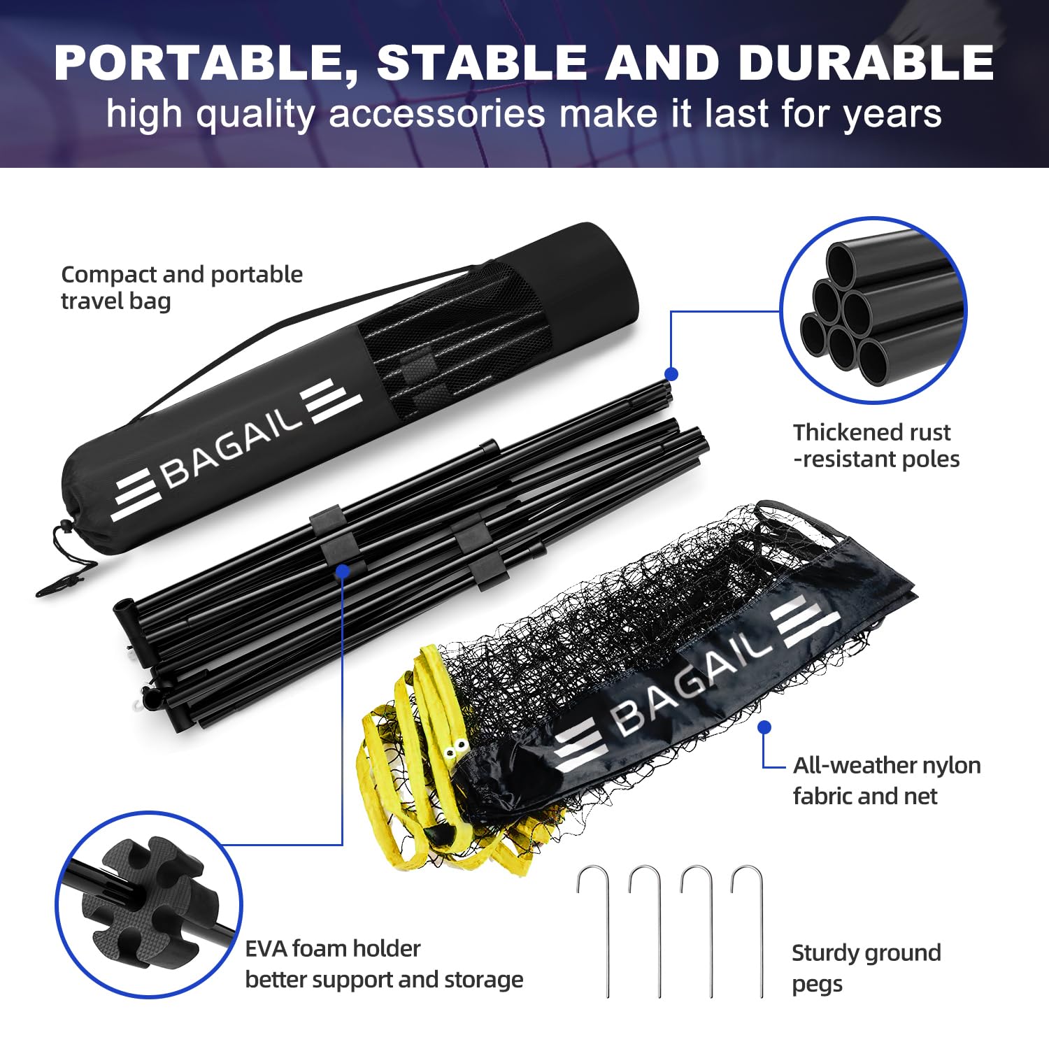 BAGAIL Badminton Net, Foldable Nylon Net, Hieght Adjustable Stand and Portable Carry Bag, Easy to Assemble or Disassemble, Ideal Recreational Sports Net for Tennis, Kids Badminton or Volleyball