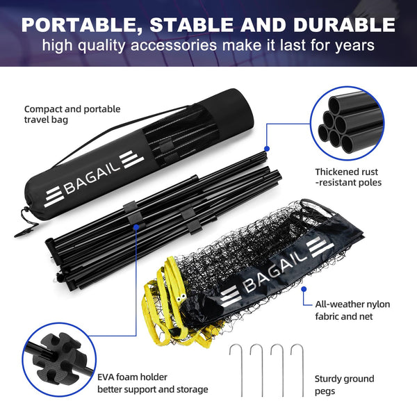 BAGAIL Badminton Net, Foldable Nylon Net, Hieght Adjustable Stand and Portable Carry Bag, Easy to Assemble or Disassemble, Ideal Recreational Sports Net for Tennis, Kids Badminton or Volleyball