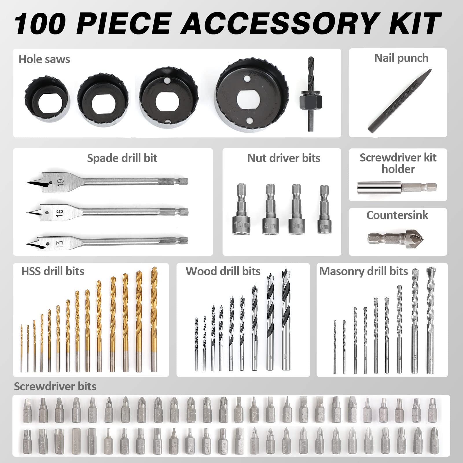 C P CHANTPOWER Drill Bit Sets, 100 Pcs HSS Titanium Screwdriver Bits with Storage Case for Metal, Wood, Masonry, Includes Countersink Drill Bit Blue
