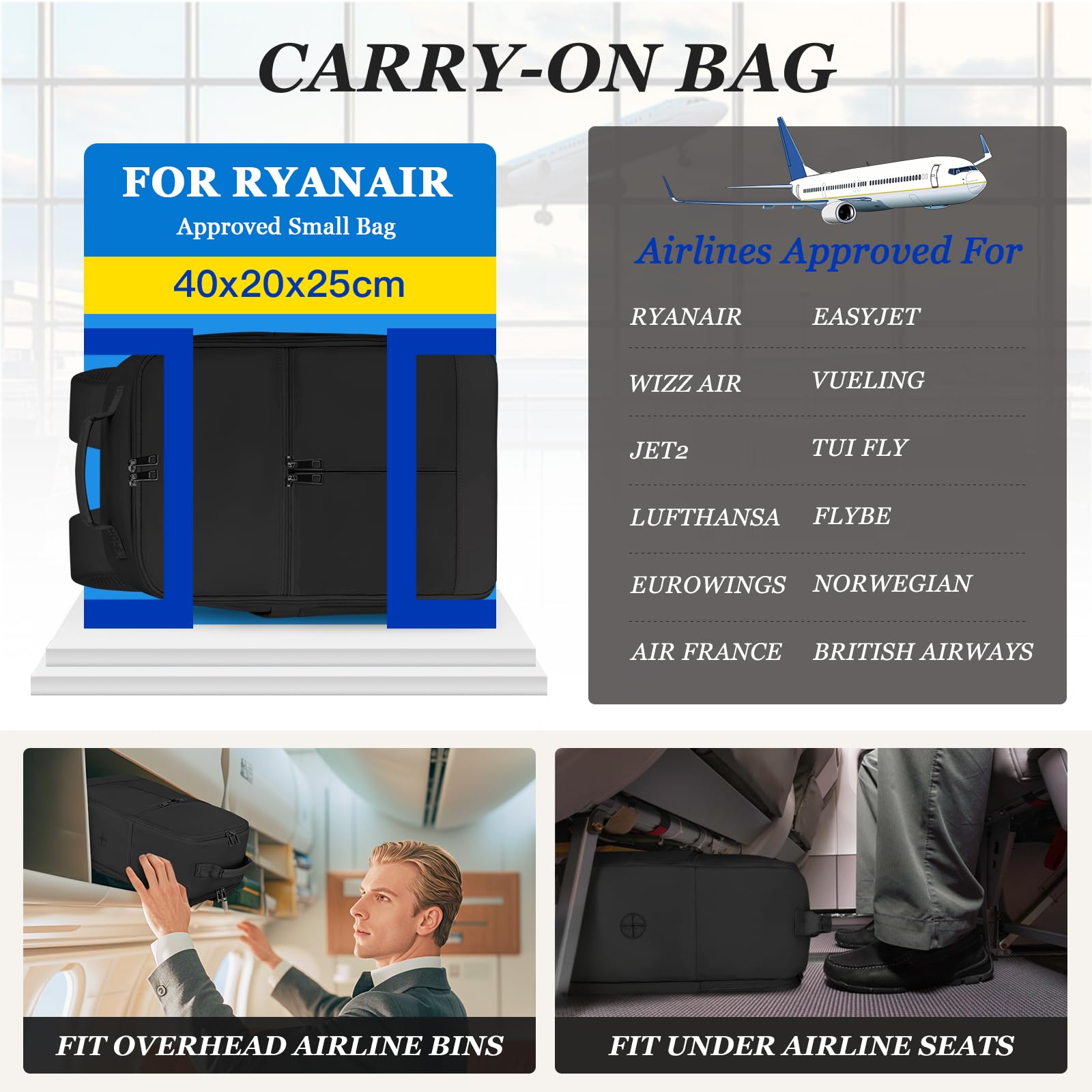 Cabin Bags 40x20x25 for Ryanair Underseat Carry-Ons Travel Backpack, Hand Luggage Backpack Cabin Size 20L, Laptop Backpacks Small Travel Bag