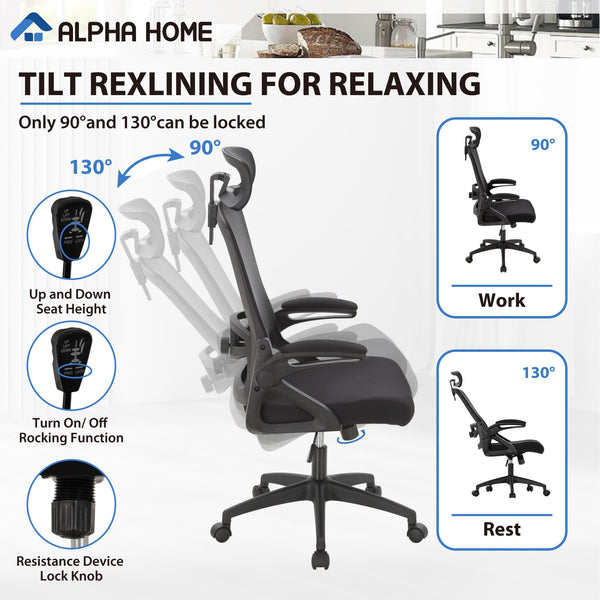 ALPHA HOME Ergonomic Office Desk Chair, Breathable Mesh Computer Chair with Adjustable Lumbar Support, Headrest and Flip up Armrests, Comfortable